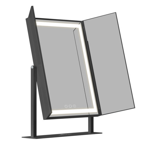 Ivy Bronx Japera Lavish TriTone 360 Degree Tilt Vanity Mirror with Stand, Trifold LED Makeup